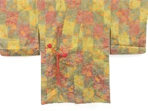 リサイクル　市松に扇・花唐草模様織り出しお召ロング道中着